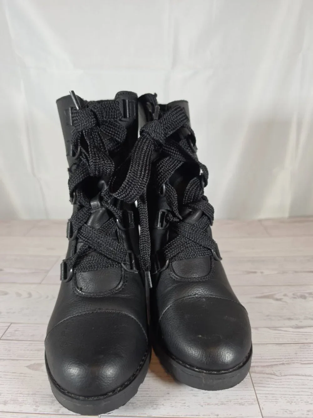 Universal Thread Black Ankle Boots Size 6.5 Lace Up Buckle Faux Leather Wedge